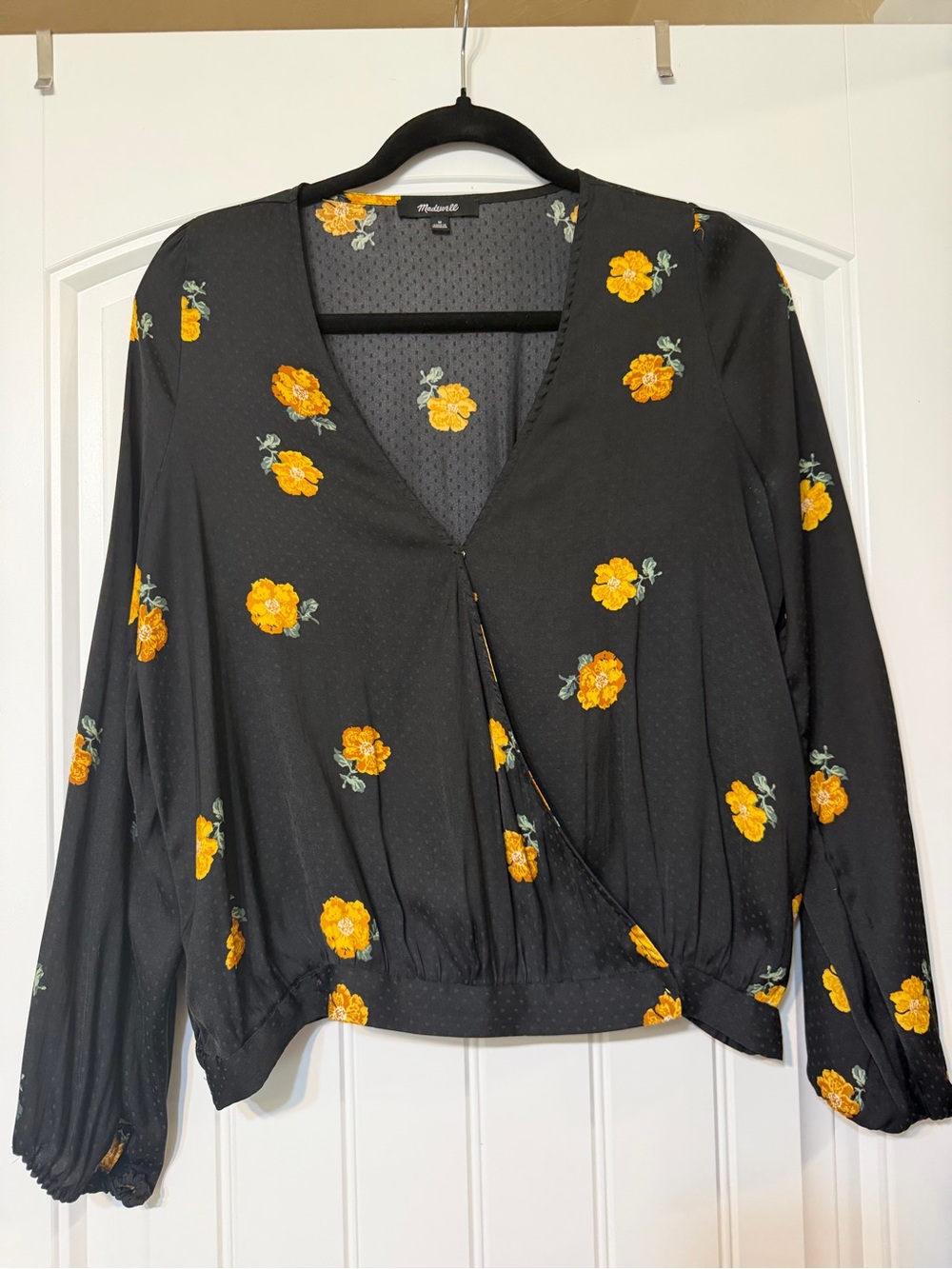 Madewell Black V-Neck Wrap Blouse with Yellow Floral Print
